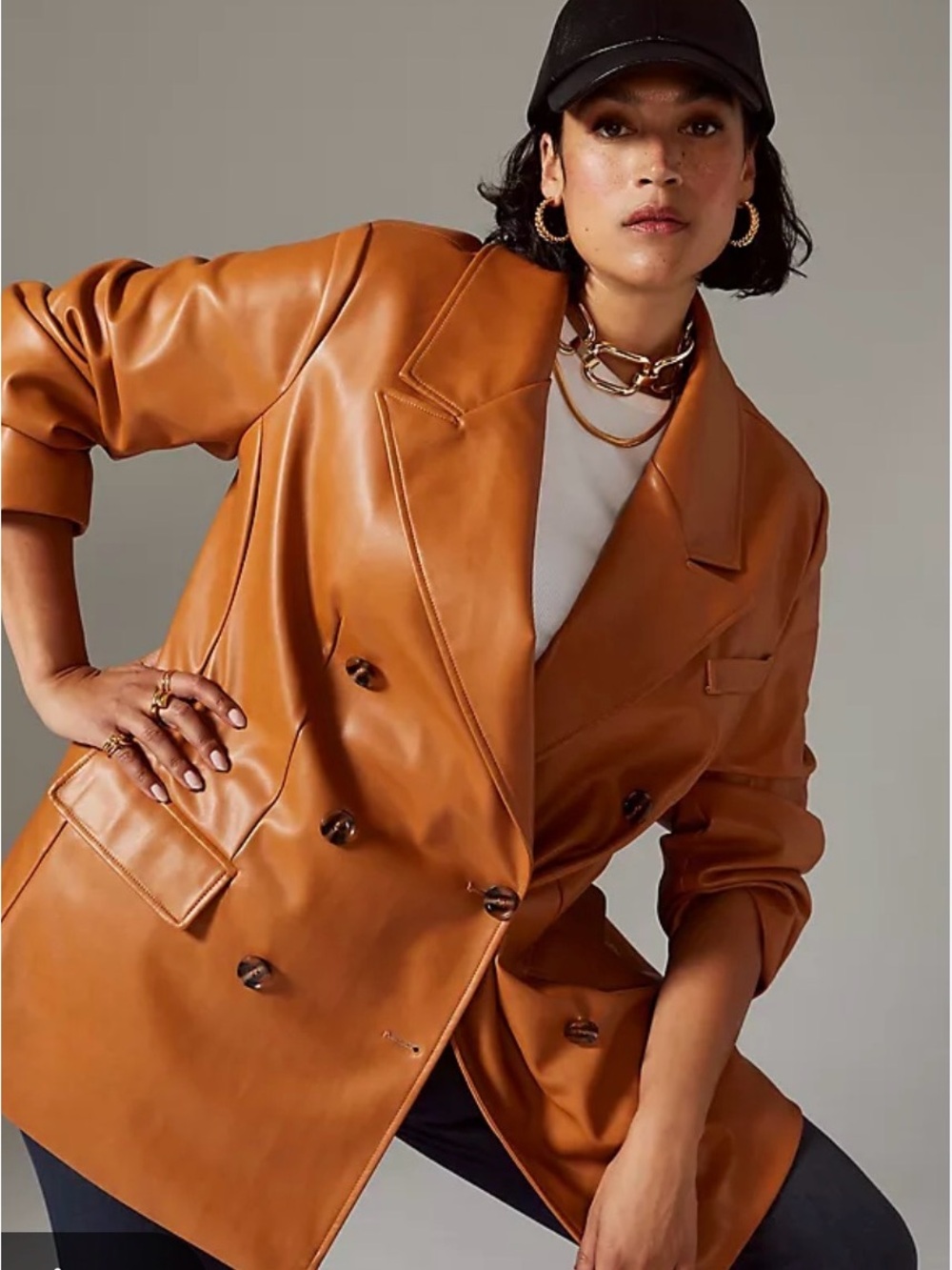 Avec Les Filles Cognac Faux Leather Double-Breasted Blazer